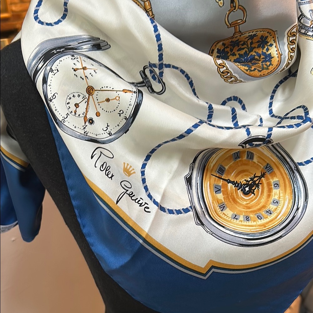 Rolex Blue and Gold Scarf With Classic Vintage Watch Design 100%Silk 35” Square - Picture 2 of 7